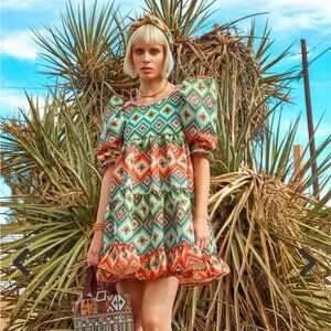 Autumn Adeigbo Oona Abstract Printed Puff Sleeve Tiered Mini Dress